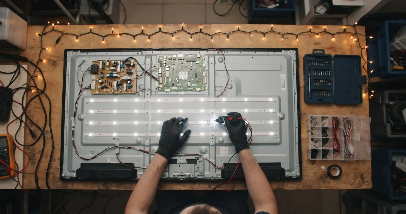Revisión de las tiras LED de una TV en el taller